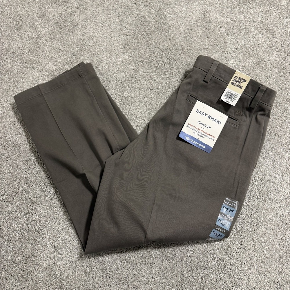 Dockers Easy Khaki Pants Mens 36x29 Grey Classic Fit Pleated No Wrinkles NWT